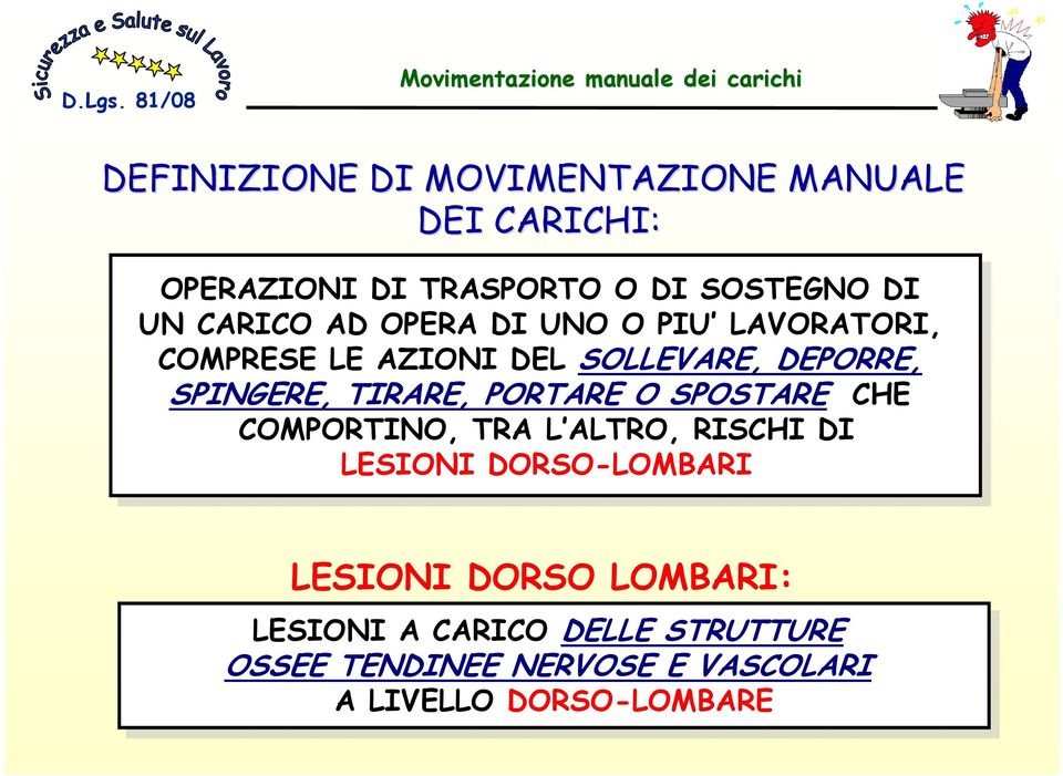 TIRARE, PORTARE O SPOSTARE CHE COMPORTINO, TRA L ALTRO, RISCHI DI LESIONI DORSO-LOMBARI LESIONI