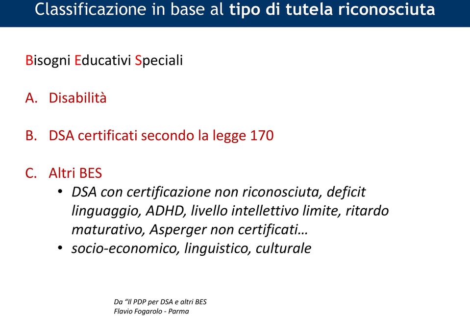 Altri BES DSA con certificazione non riconosciuta, deficit linguaggio, ADHD, livello