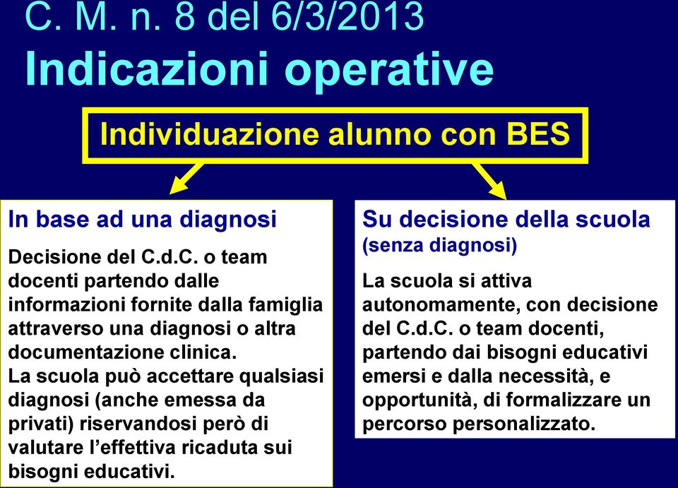 Su decisione della scuola (senza diagnosi) La scuola si attiva autonomamente, con decisione del C.