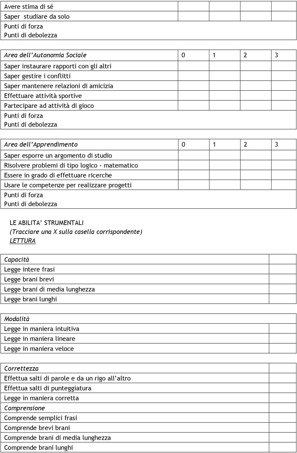 ricerche Usare le competenze per realizzare progetti LE ABILITA STRUMENTALI (Tracciare una X sulla casella corrispondente) LETTURA Capacità Legge intere frasi Legge brani brevi Legge brani di media