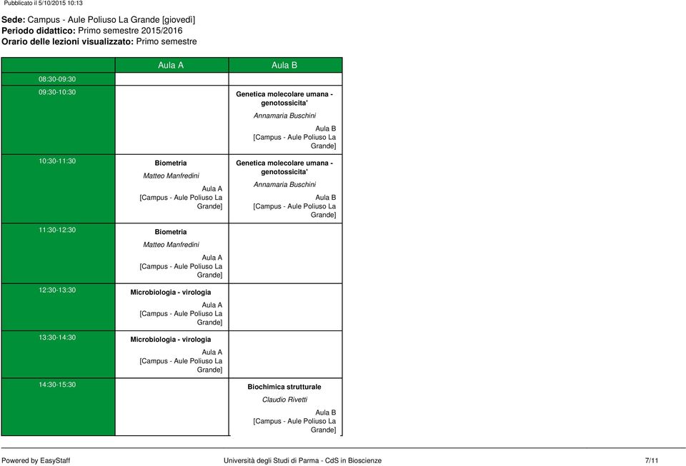 Annamaria Buschini 11:30-12:30 Biometria Matteo Manfredini 12:30-13:30 Microbiologia - virologia 13:30-14:30 Microbiologia -