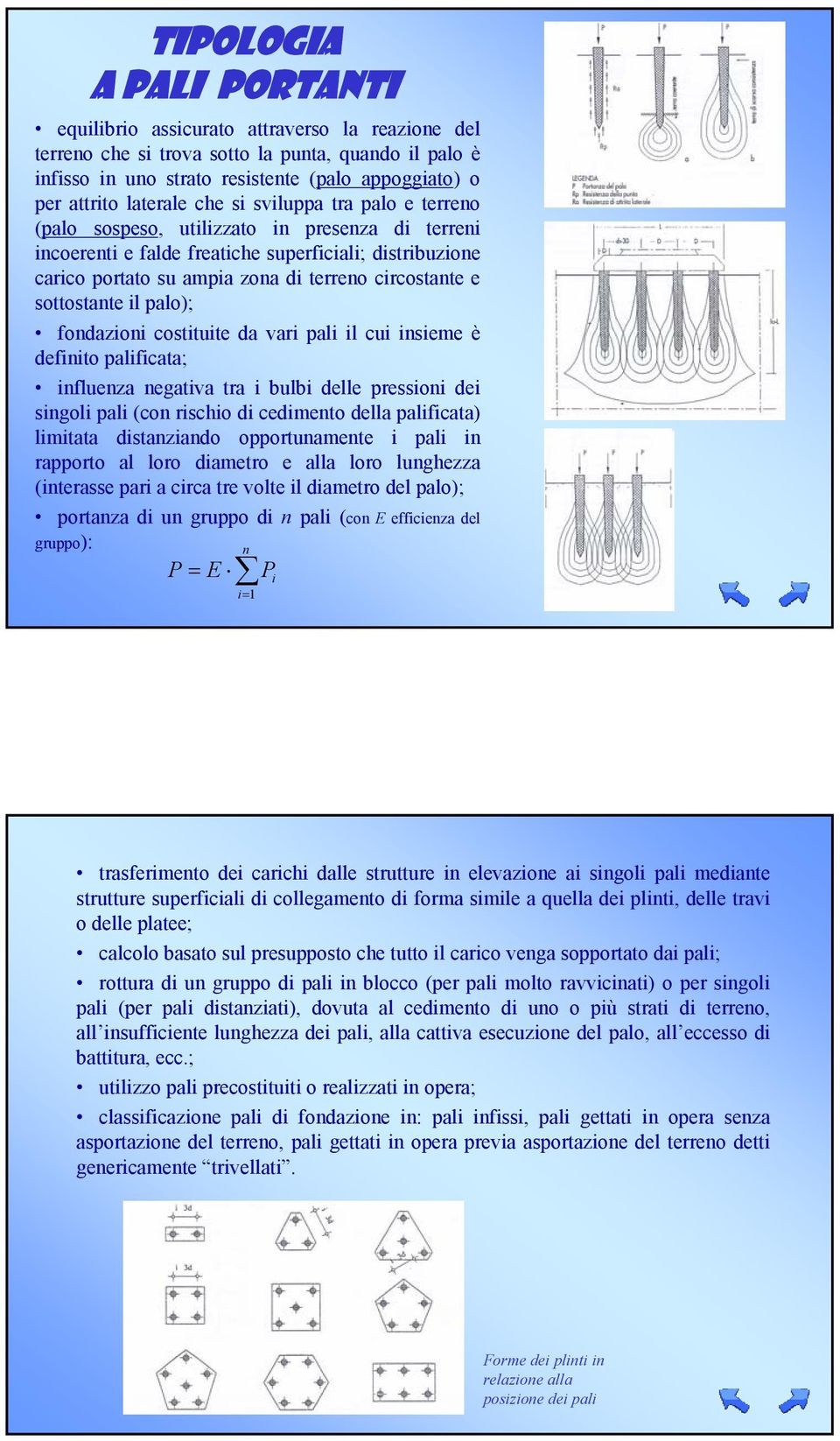 circostante e sottostante il palo); fondazioni costituite da vari pali il cui insieme è definito palificata; influenza negativa tra i bulbi delle pressioni dei singoli pali (con rischio di cedimento