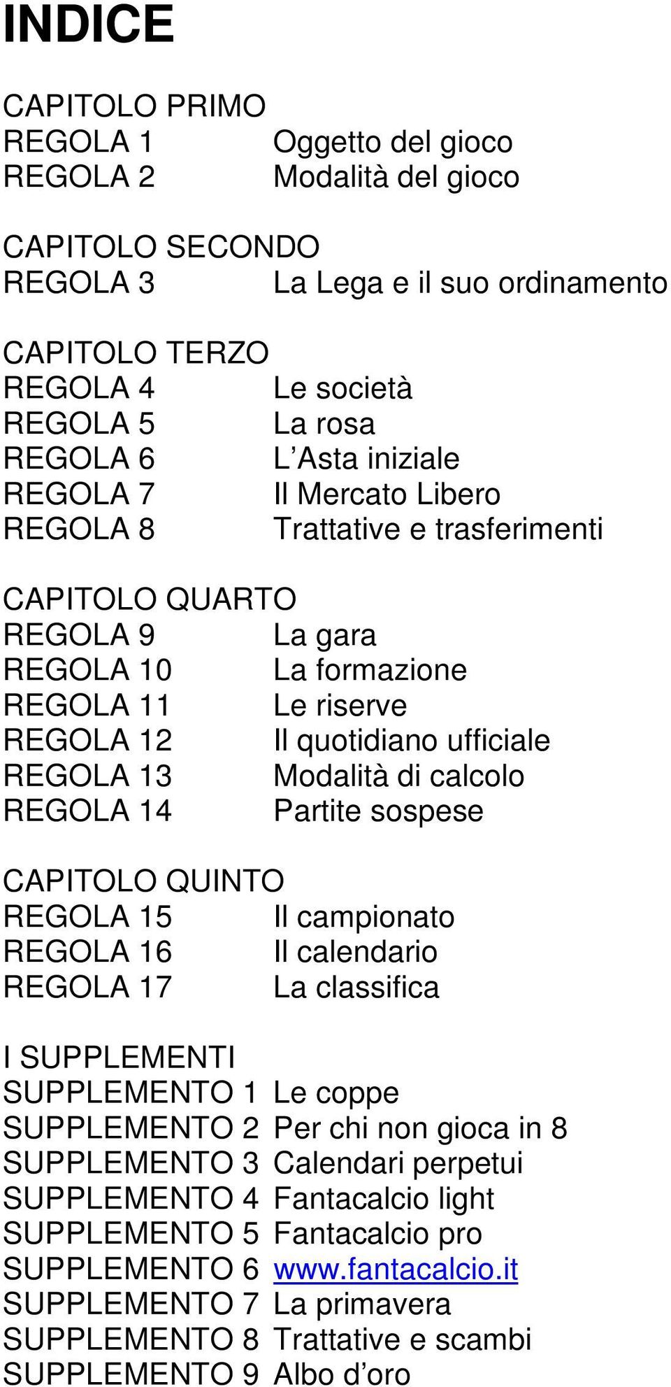 Modalità di calcolo REGOLA 14 Partite sospese CAPITOLO QUINTO REGOLA 15 Il campionato REGOLA 16 Il calendario REGOLA 17 La classifica I SUPPLEMENTI SUPPLEMENTO 1 Le coppe SUPPLEMENTO 2 Per chi non
