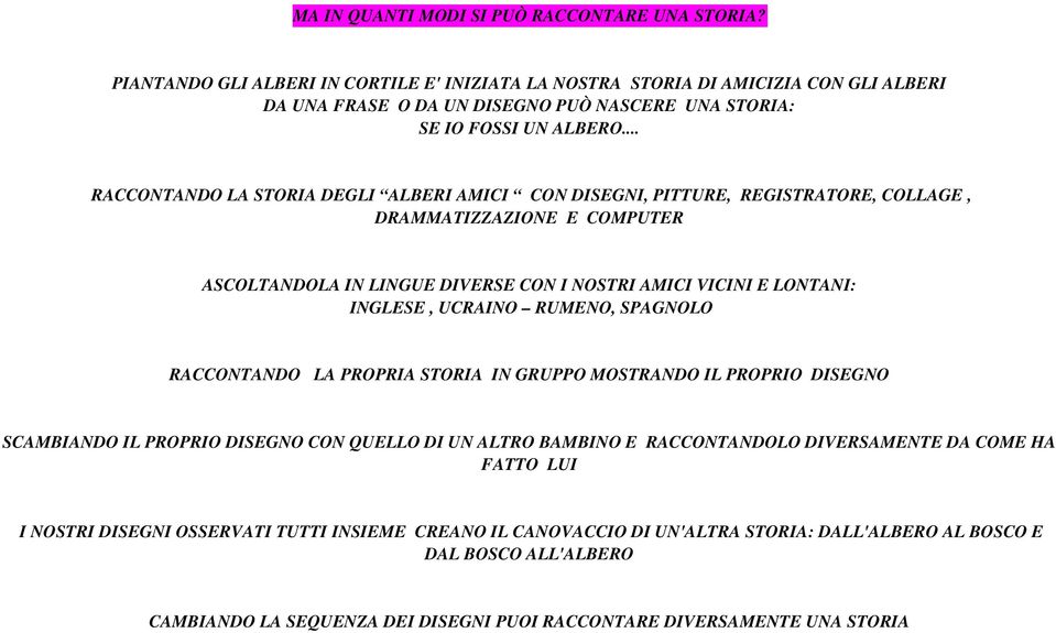 .. RACCONTANDO LA STORIA DEGLI ALBERI AMICI CON DISEGNI, PITTURE, REGISTRATORE, COLLAGE, DRAMMATIZZAZIONE E COMPUTER ASCOLTANDOLA IN LINGUE DIVERSE CON I NOSTRI AMICI VICINI E LONTANI: INGLESE,