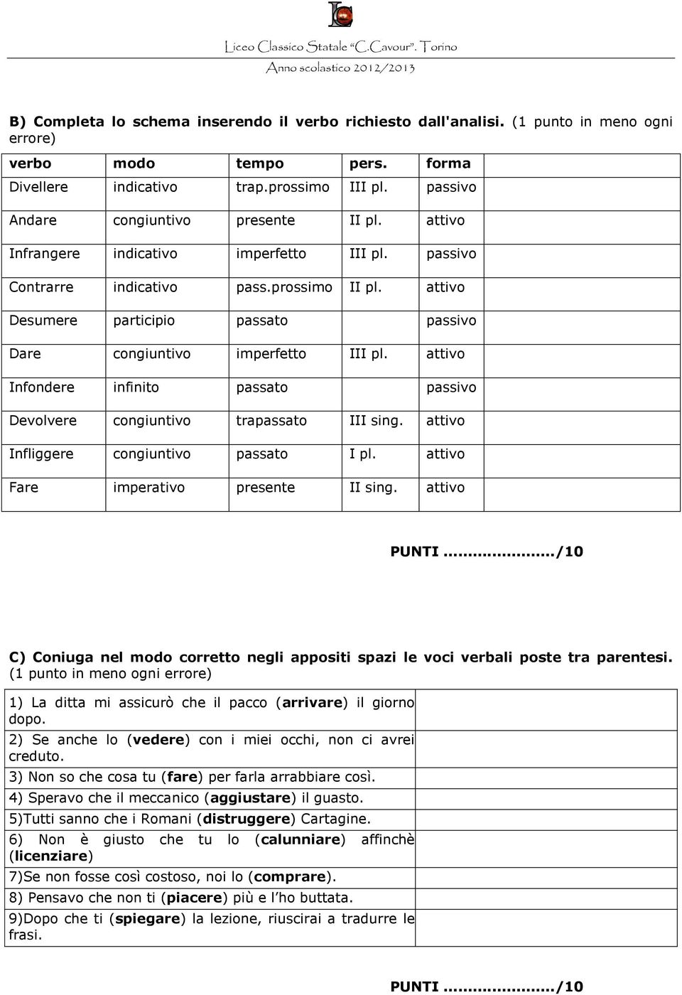 attivo Desumere participio passato passivo Dare congiuntivo imperfetto III pl. attivo Infondere infinito passato passivo Devolvere congiuntivo trapassato III sing.