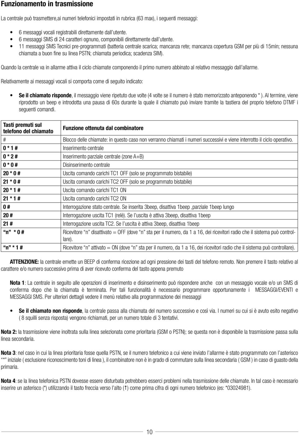 11 messaggi SMS Tecnici pre-programmati (batteria centrale scarica; mancanza rete; mancanza copertura GSM per più di 15min; nessuna chiamata a buon fine su linea PSTN; chiamata periodica; scadenza