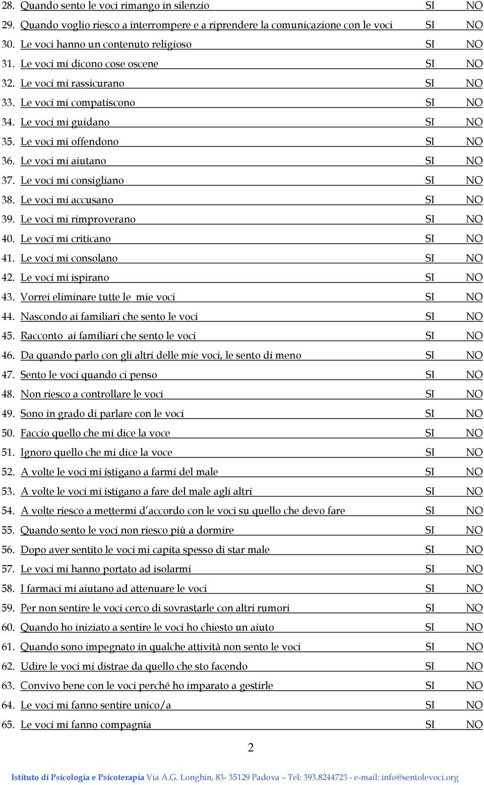 Le voci mi consigliano SI NO 38. Le voci mi accusano SI NO 39. Le voci mi rimproverano SI NO 40. Le voci mi criticano SI NO 41. Le voci mi consolano SI NO 42. Le voci mi ispirano SI NO 43.