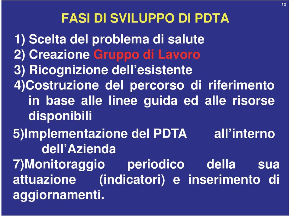 linee guida ed alle risorse disponibili 5)Implementazione del PDTA all interno dell