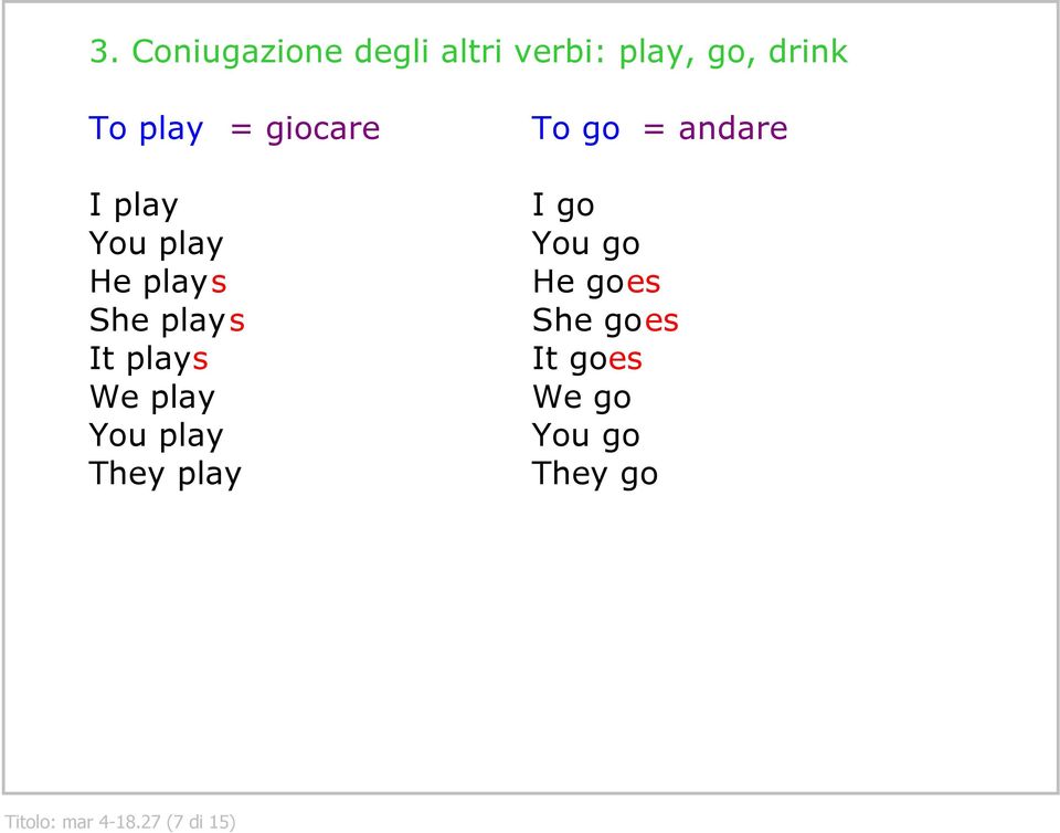 You play They play To go = andare I go You go He goes She