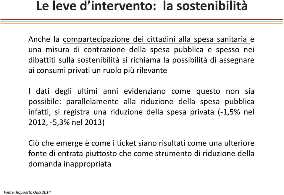 questo non sia possibile: parallelamente alla riduzione della spesa pubblica infatti, si registra una riduzione della spesa privata (-1,5% nel 2012,-5,3% nel