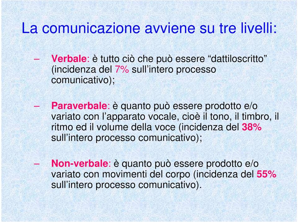 tono, il timbro, il ritmo ed il volume della voce (incidenza del 38% sull intero processo comunicativo);