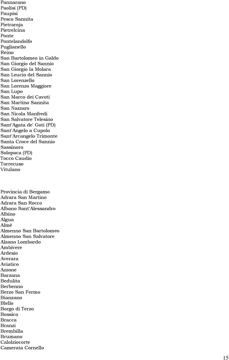 Sant'Arcangelo Trimonte Santa Croce del Sannio Sassinoro Solopaca (PD) Tocco Caudio Torrecuso Vitulano Provincia di Bergamo Adrara San Martino Adrara San Rocco Albano Sant'Alessandro Albino Algua