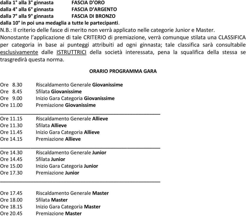 Nonostante l applicazione di tale CRITERIO di premiazione, verrà comunque stilata una CLASSIFICA per categoria in base ai punteggi attribuiti ad ogni ginnasta; tale classifica sarà consultabile