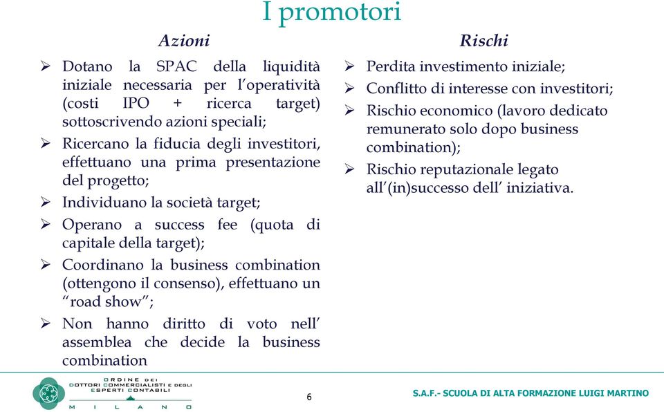 business combination (ottengono il consenso), effettuano un road show ; Non hanno diritto di voto nell assemblea che decide la business combination Perdita investimento