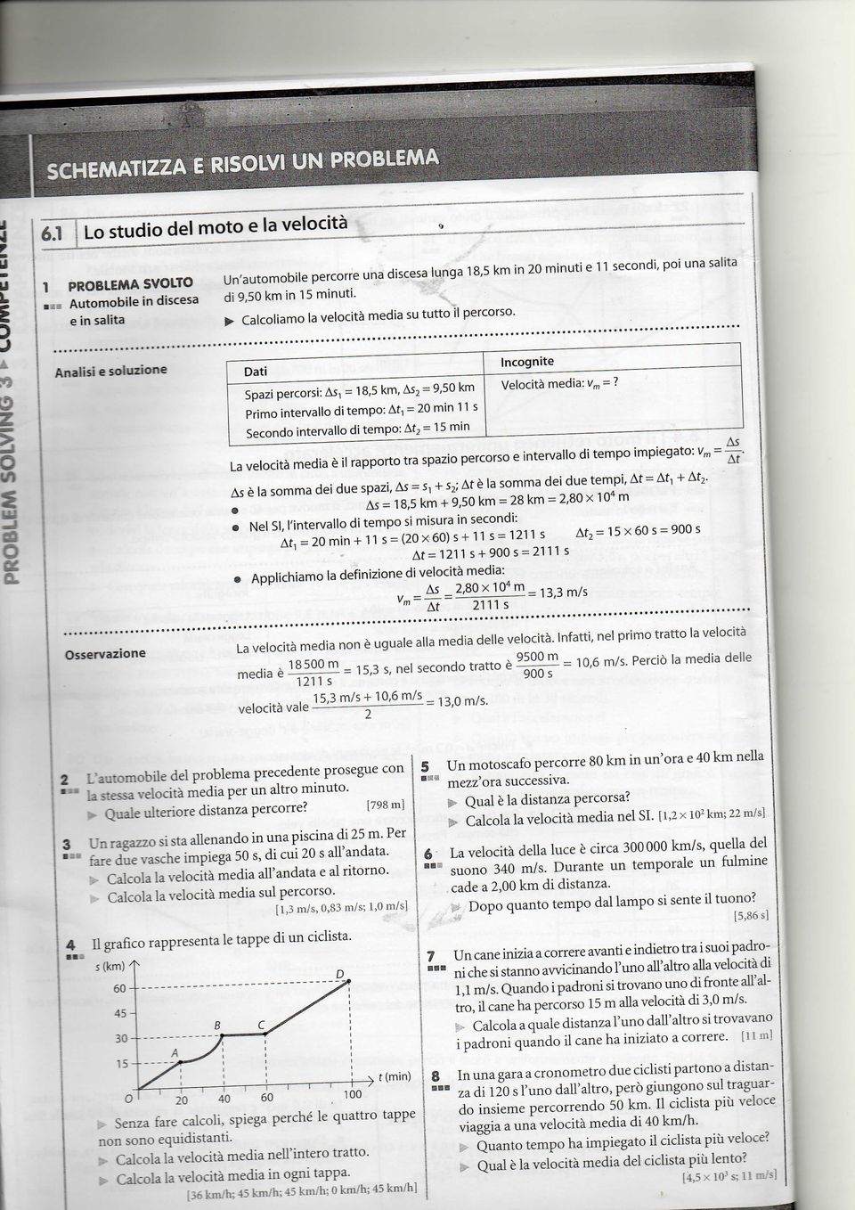 Analisi e soluzione ~ " I Dati Spazi percorsi: As, = 1 8,5 km, As2 = 9,50 km Primo intervallo di tempo: At-, = 20 min 1 1 s Secondo intervallo di tempo: At2 = 1 5 min Incognite Velocità media: vm =?