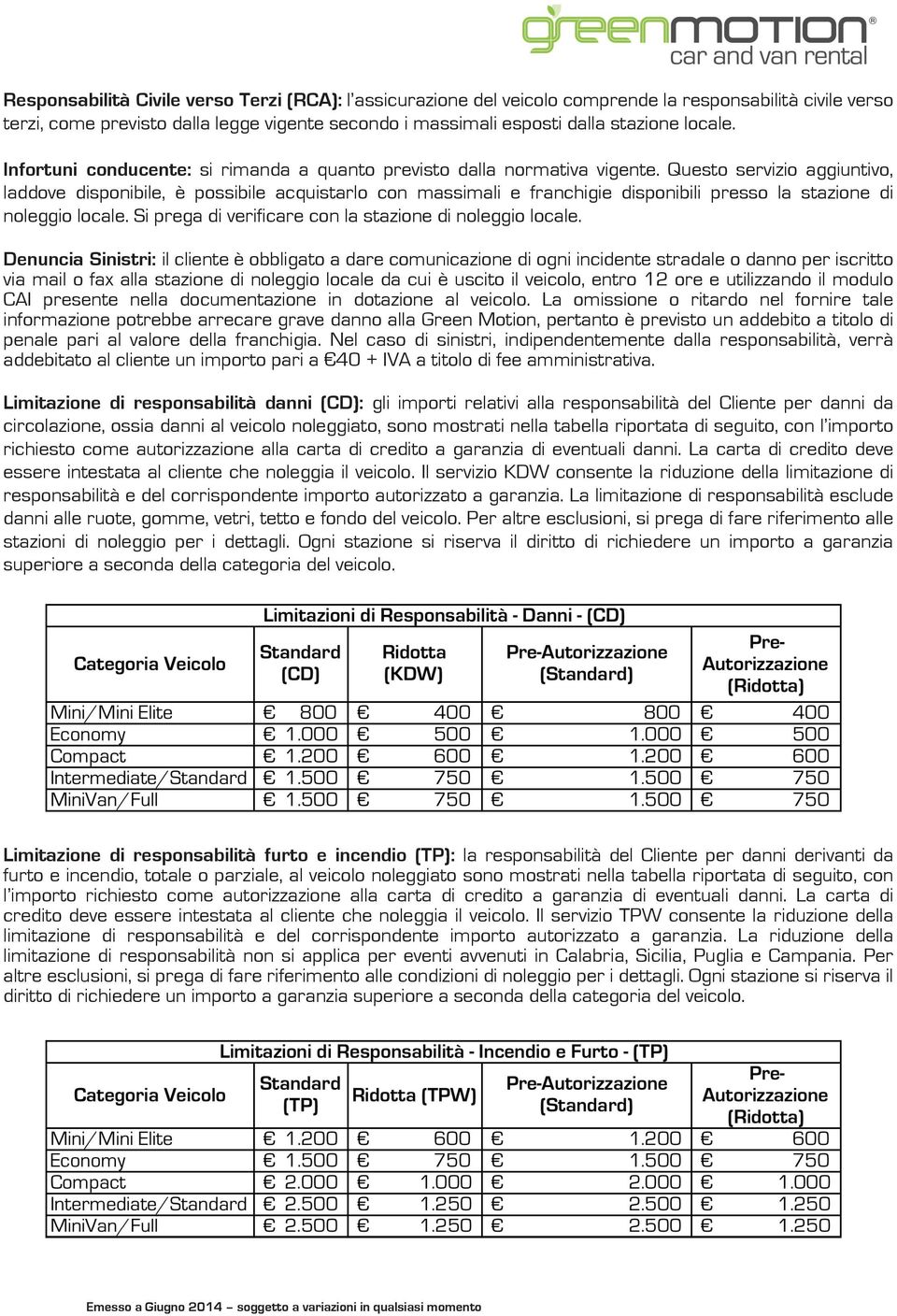 Questo servizio aggiuntivo, laddove disponibile, è possibile acquistarlo con massimali e franchigie disponibili presso la stazione di noleggio locale.