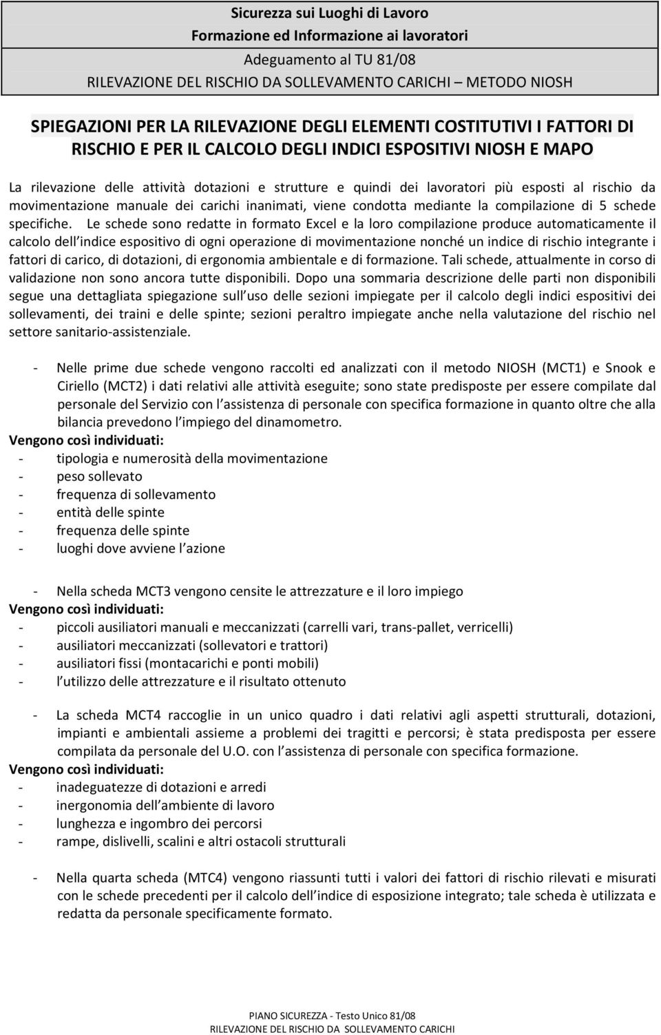 Le schede sono redatte in formato Excel e la loro compilazione produce automaticamente il calcolo dell indice espositivo di ogni operazione di movimentazione nonché un indice di rischio integrante i