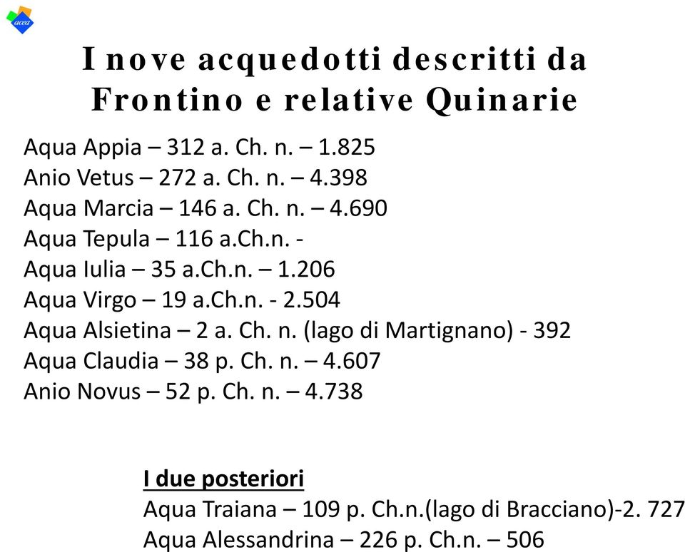 504 Aqua Alsietina 2 a. Ch. n. (lago di Martignano) 392 Aqua Claudia 38 p. Ch. n. 4.