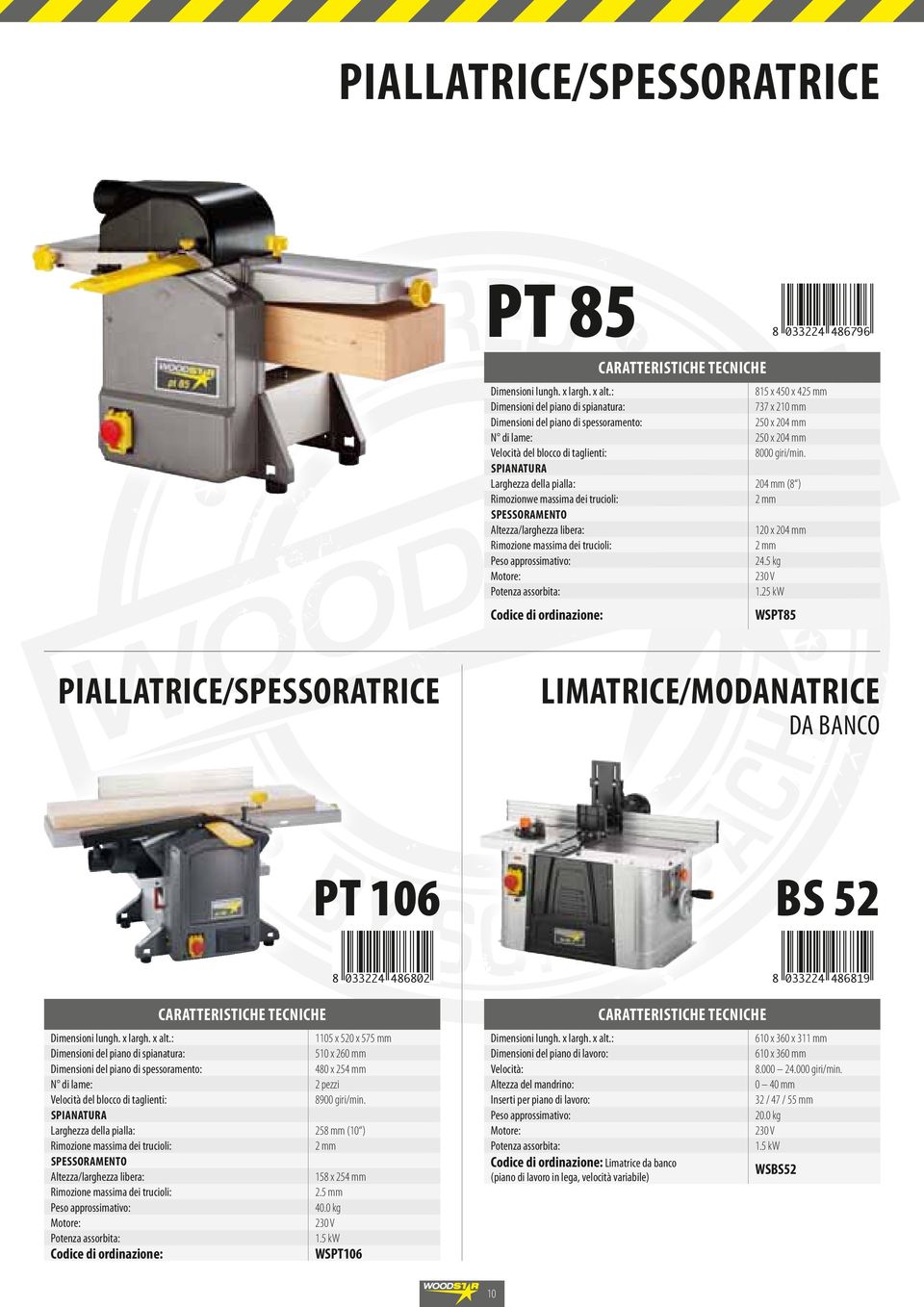 Spianatura Larghezza della pialla: 204 mm (8 ) Rimozionwe massima dei trucioli: 2 mm Spessoramento Altezza/larghezza libera: 120 x 204 mm Rimozione massima dei trucioli: 2 mm 24.5 kg 1.