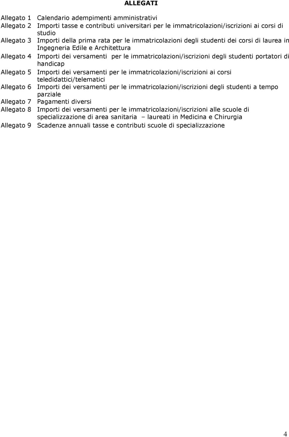 Allegato 5 Importi dei versamenti per le immatricolazioni/iscrizioni ai corsi teledidattici/telematici Allegato 6 Importi dei versamenti per le immatricolazioni/iscrizioni degli studenti a tempo