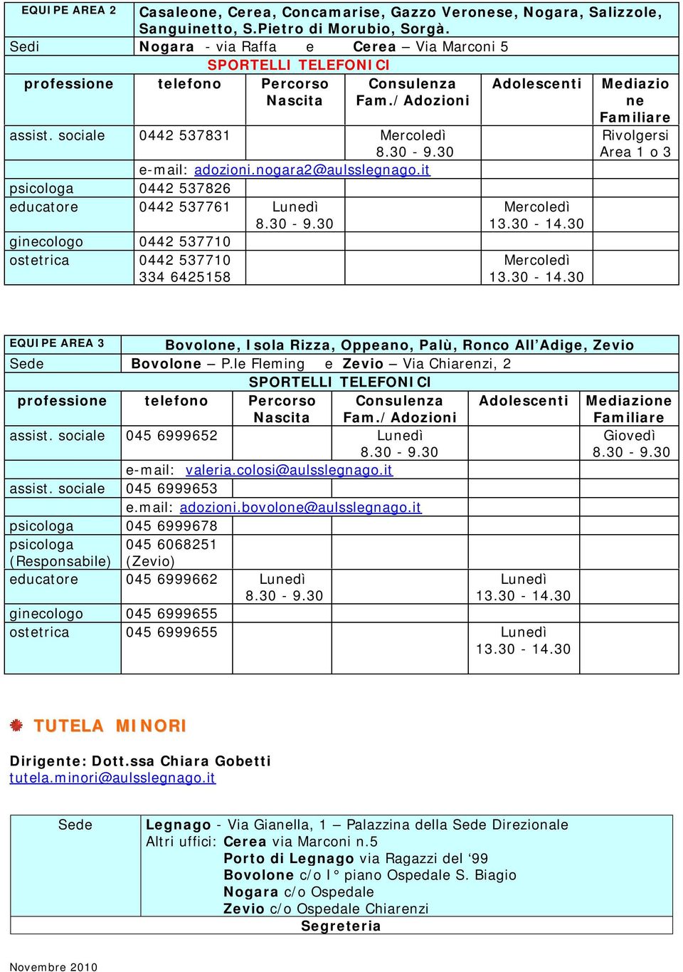 it psicologa 0442 537826 educatore 0442 537761 ginecologo 0442 537710 ostetrica 0442 537710 334 6425158 Adolescenti Mercoledì Mercoledì Mediazio ne Rivolgersi Area 1 o 3 EQUIPE AREA 3 Bovolone, Isola