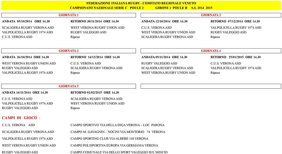 U.S. VERONA ASD Riposo SCALIGERA RUGBY VERONA ASD Riposo WEST VERONA RUGBY UNION ASD C.U.S. VERONA ASD RUGBY VALEGGIO ASD C.U.S. VERONA ASD RUGBY VALEGGIO ASD SCALIGERA RUGBY VERONA ASD SCALIGERA RUGBY VERONA ASD VALPOLICELLA RUGBY 1974 ASD VALPOLICELLA RUGBY 1974 ASD Riposo WEST VERONA RUGBY UNION ASD Riposo C.