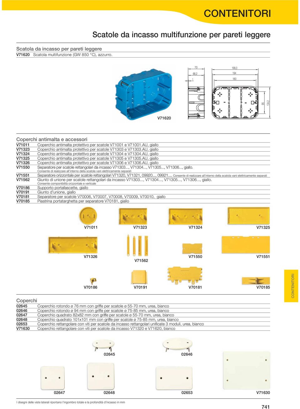 AU, giallo V71323 Coperchio antimalta protettivo per scatole V71303 e V71303.AU, giallo V71324 Coperchio antimalta protettivo per scatole V71304 e V71304.