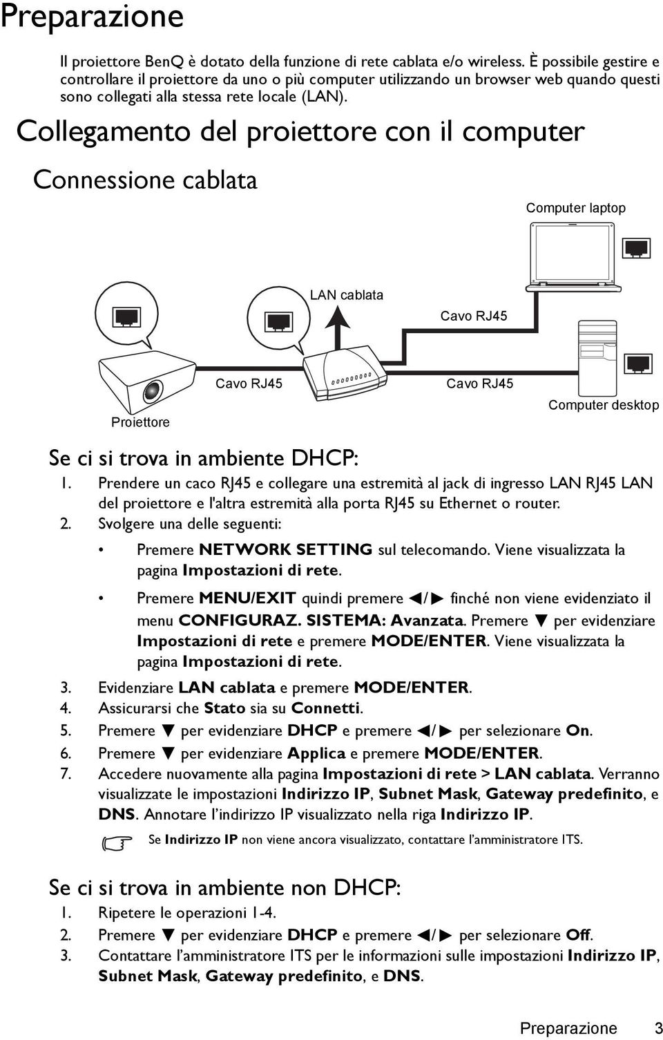 Collegamento del proiettore con il computer Connessione cablata Computer laptop LAN cablata Cavo RJ45 Proiettore Cavo RJ45 Cavo RJ45 Se ci si trova in ambiente DHCP: 1.