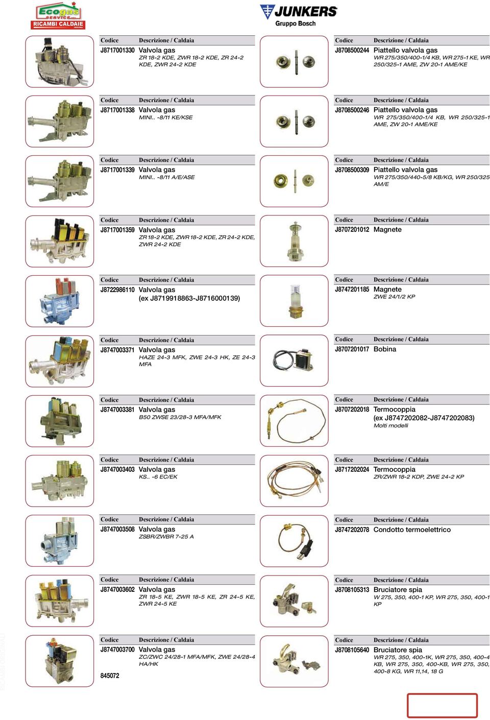 . -8/11 A/E/ASE J870800309 Piattello valvola gas WR 27/30/440-/8 KB/KG, WR 20/32 AM/E J871700139 ZR 18-2 KDE, ZWR 18-2 KDE, ZR 24-2 KDE, ZWR 24-2 KDE J8707201012 Magnete J8722986110 (ex