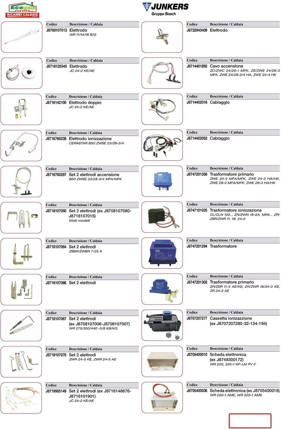 MFA/MFK J874720138 Trasformatore primario ZWE 24-3 MFA/MFK, ZWE 24-3 HA/HK, ZWE 28-3 MFA/MFK, ZWE 28-3 HA/HK J871810700 Set 2 elettrodi (ex J8708107080- J871810701) J874710102 Trasformatore