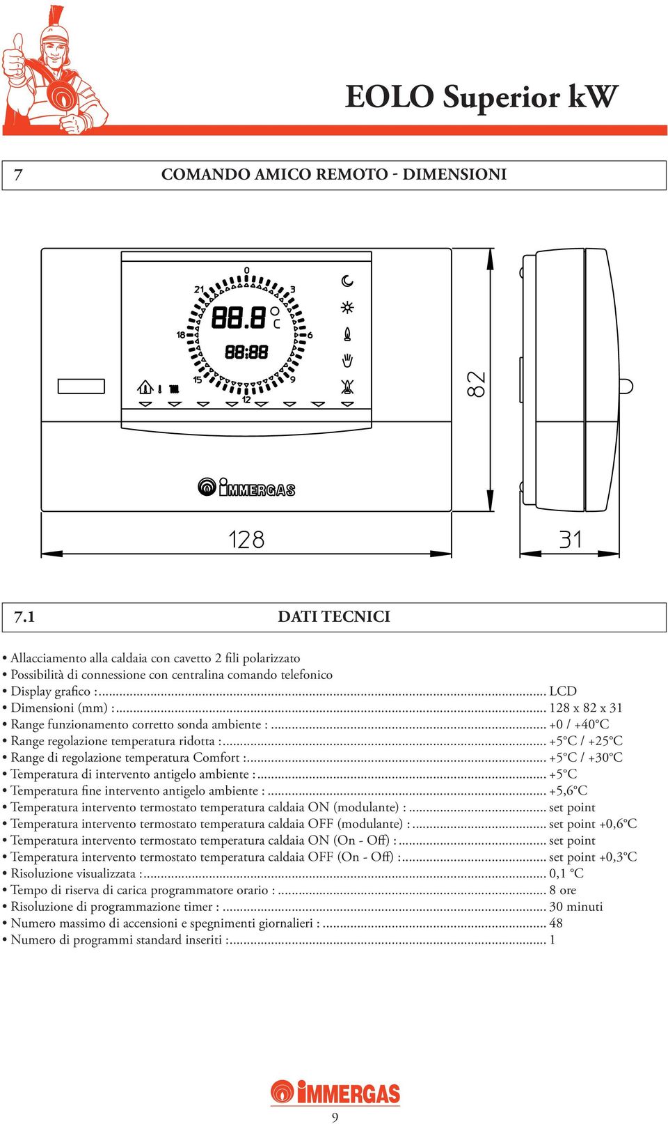 .. +5 C / +30 C Temperatura di intervento antigelo ambiente :... +5 C Temperatura fine intervento antigelo ambiente :... +5,6 C Temperatura intervento termostato temperatura caldaia ON (modulante) :.