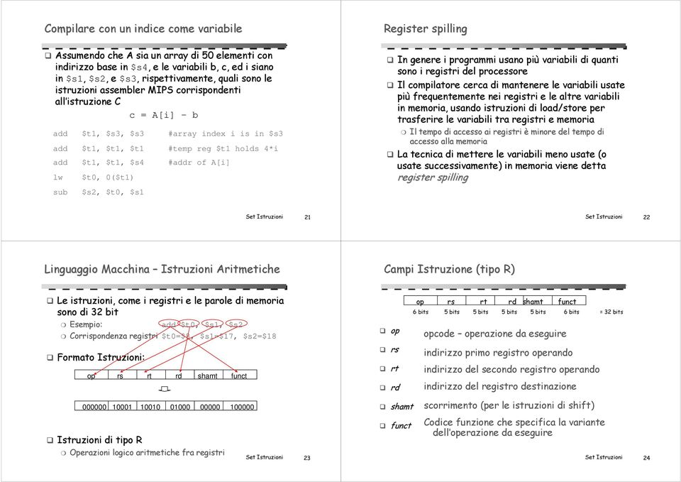 0($t1) sub $s2, $t0, $s1 Register spilling In genere i programmi usano più variabili di quanti sono i registri del processore Il compilatore cerca di mantenere le variabili usate più frequentemente