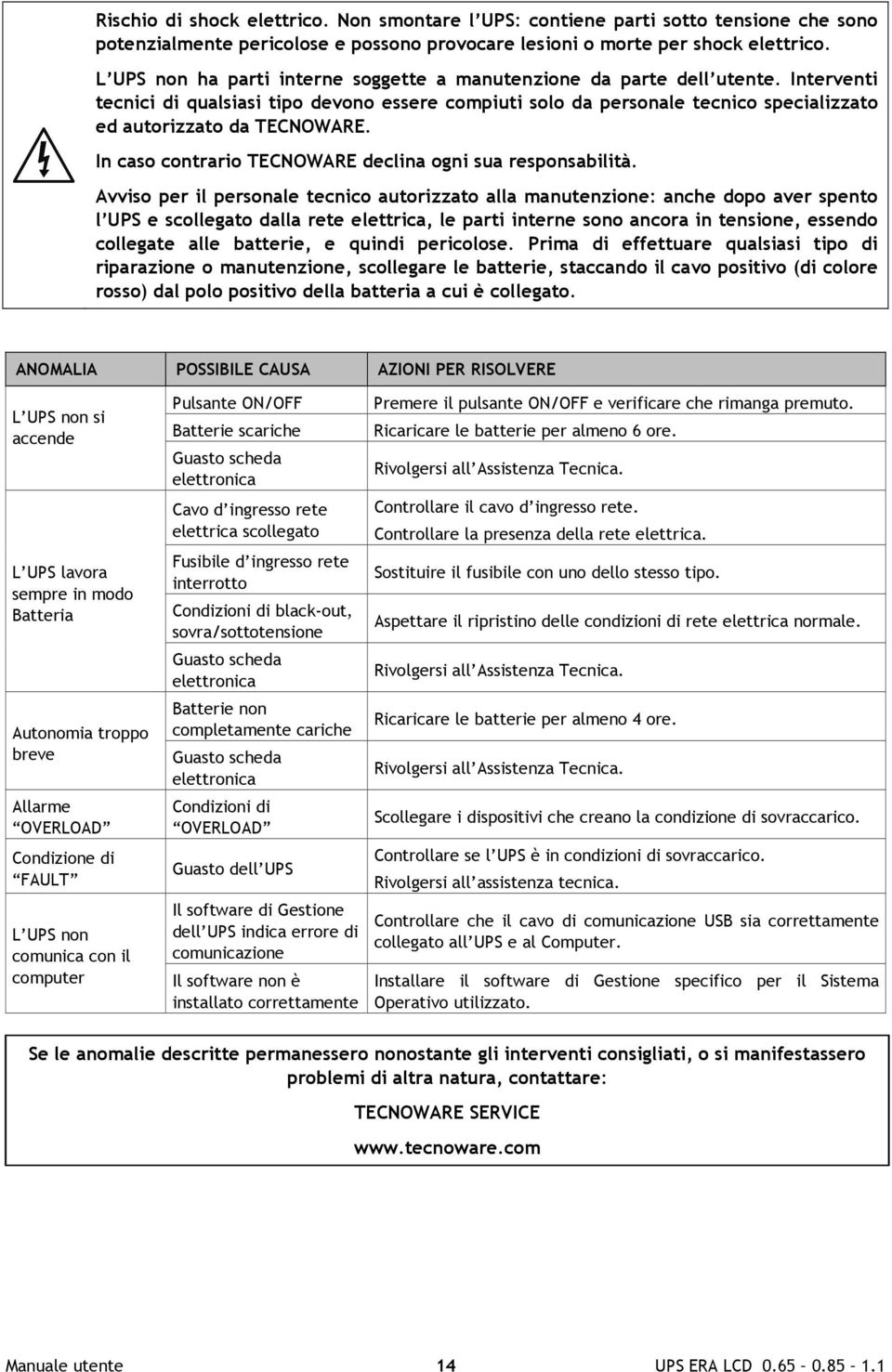 Interventi tecnici di qualsiasi tipo devono essere compiuti solo da personale tecnico specializzato ed autorizzato da TECNOWARE. In caso contrario TECNOWARE declina ogni sua responsabilità.