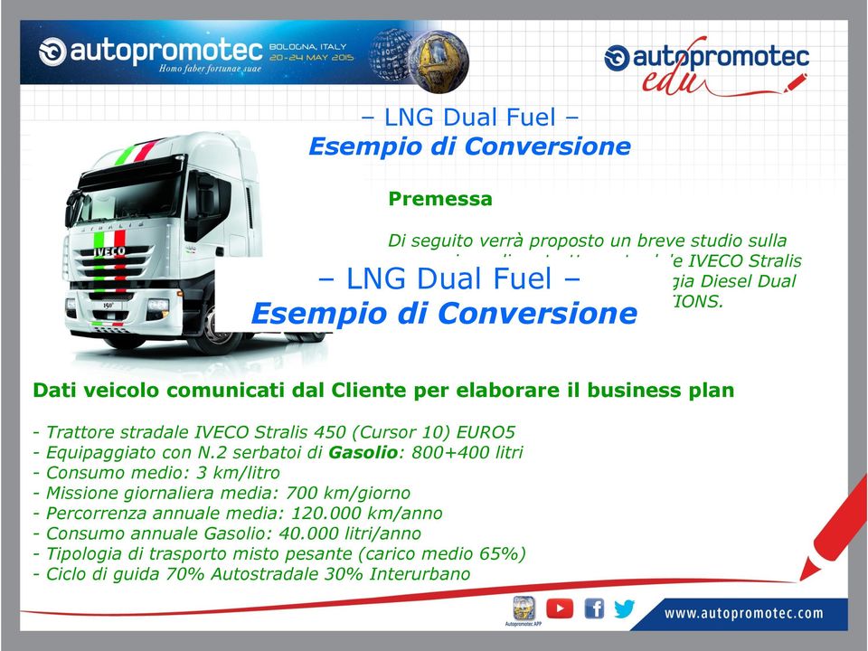 LNG Dual Fuel Esempio di Conversione Dati veicolo comunicati dal Cliente per elaborare il business plan - Trattore stradale IVECO Stralis 450 (Cursor 10) EURO5 - Equipaggiato con