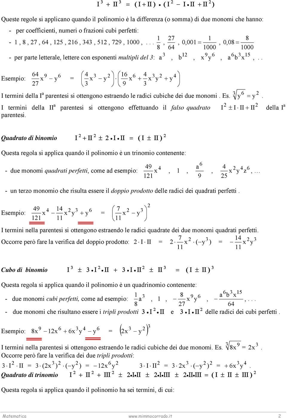 . 9 1 y = y + y + y 7 9 I termini della I a parentesi si ottengono estraendo le radici cubiche dei due monomi. Es. I termini della II a parentesi.