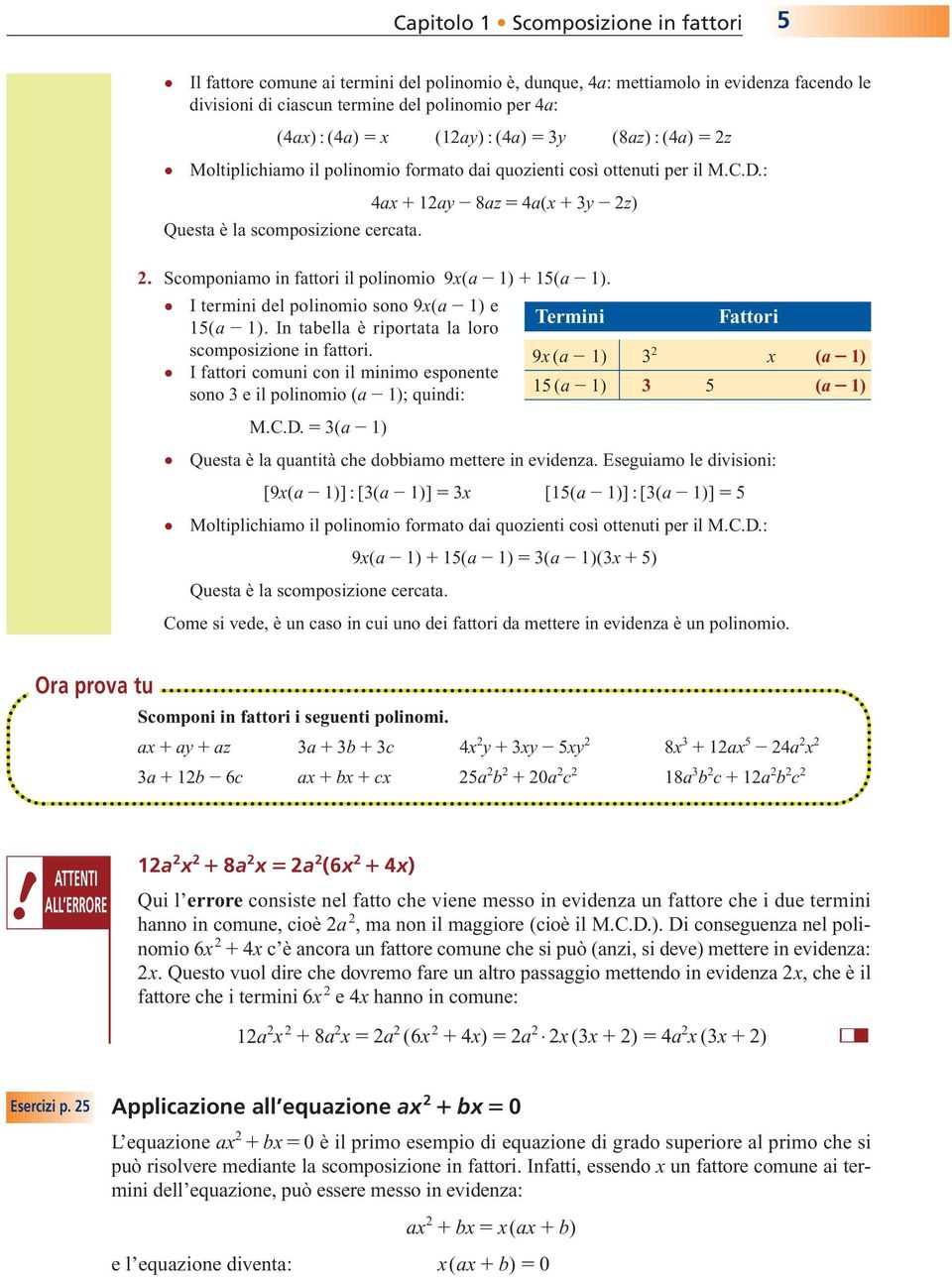 Scomponiamo in fattori il polinomio 9x(a 1) 15(a 1). I termini del polinomio sono 9x(a 1) e 15(a 1). In tabella è riportata la loro scomposizione in fattori.