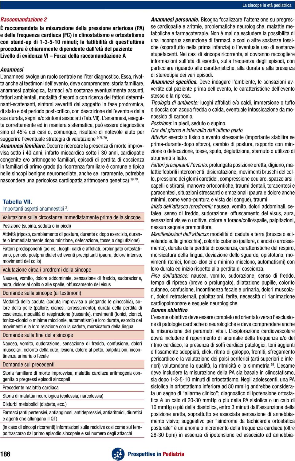 stand-up di 1-3-5-10 minuti; la fattibilità di quest ultima procedura è chiaramente dipendente dall età del paziente Livello di evidenza VI Forza della raccomandazione A Anamnesi L anamnesi svolge un