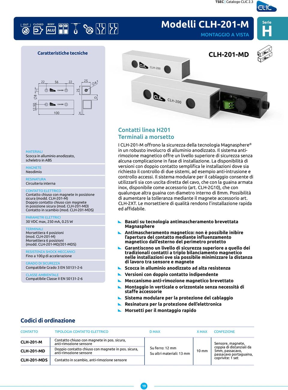 ABS Circuiteria interna Contatto chiuso con magnete in posizione sicura (modd. CLH-201-M) oppio contatto chiuso con magnete in posizione sicura (mod. CLH-201-M) Contatto in scambio (mod.