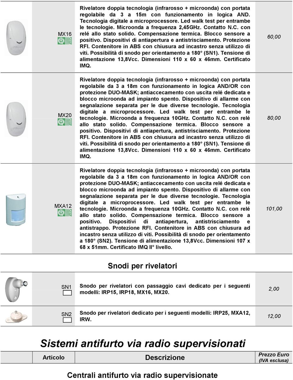 Dispositivi di antiapertura e antistrisciamento. Protezione RFI. Contenitore in ABS con chiusura ad incastro senza utilizzo di viti. Possibilità di snodo per orientamento a 180 (SN1).