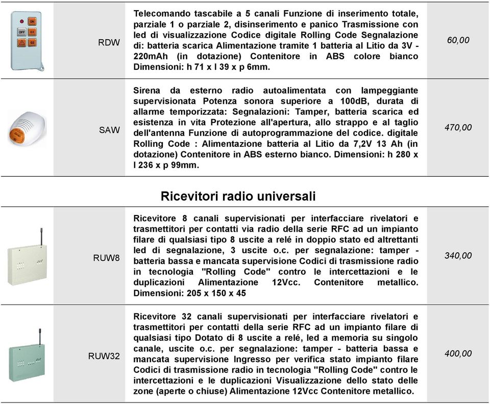 60,00 SAW Sirena da esterno radio autoalimentata con lampeggiante supervisionata Potenza sonora superiore a 100dB, durata di allarme temporizzata: Segnalazioni: Tamper, batteria scarica ed esistenza