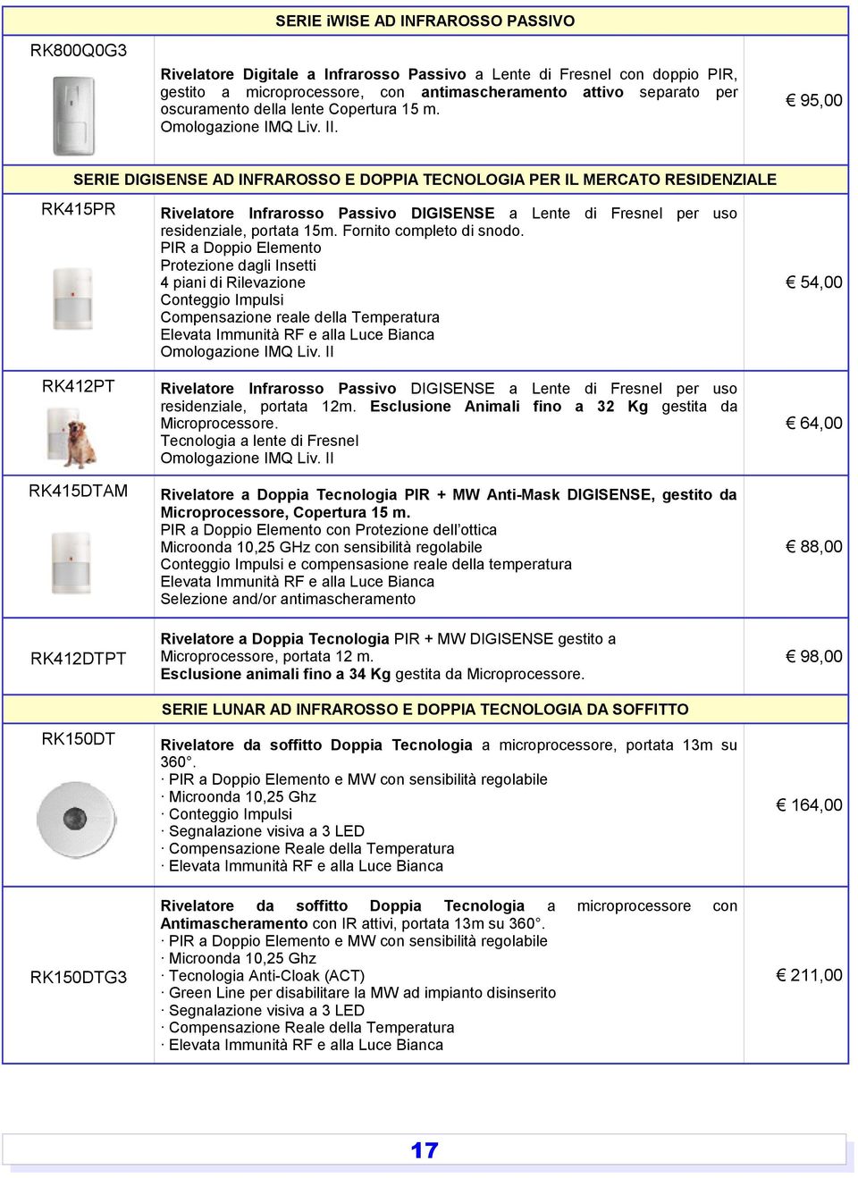 95,00 SERIE DIGISENSE AD INFRAROSSO E DOPPIA TECNOLOGIA PER IL MERCATO RESIDENZIALE RK415PR RK412PT RK415DTAM RK412DTPT Rivelatore Infrarosso Passivo DIGISENSE a Lente di Fresnel per uso