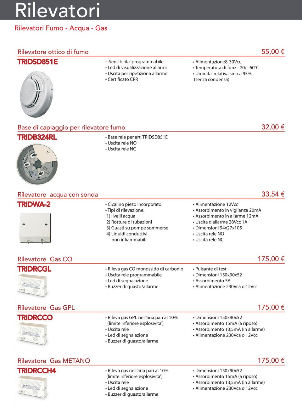 -20/+60 C Umidita' relativa sino a 95% (senza condensa) Base di caplaggio per rilevatore fumo 32,00 TRIDB324RL Base rele per art.