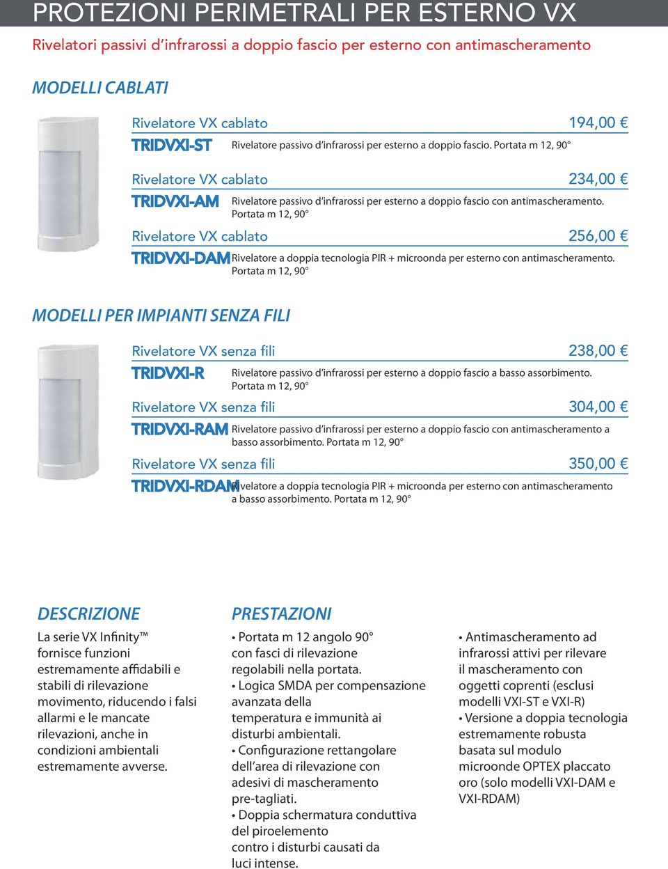 Portata m 12, 90 Rivelatore VX cablato 256,00 TRIDVXI-DAMRivelatore a doppia tecnologia PIR + microonda per esterno con antimascheramento.