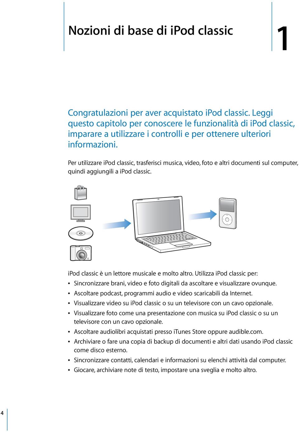 Per utilizzare ipod classic, trasferisci musica, video, foto e altri documenti sul computer, quindi aggiungili a ipod classic. ipod classic è un lettore musicale e molto altro.