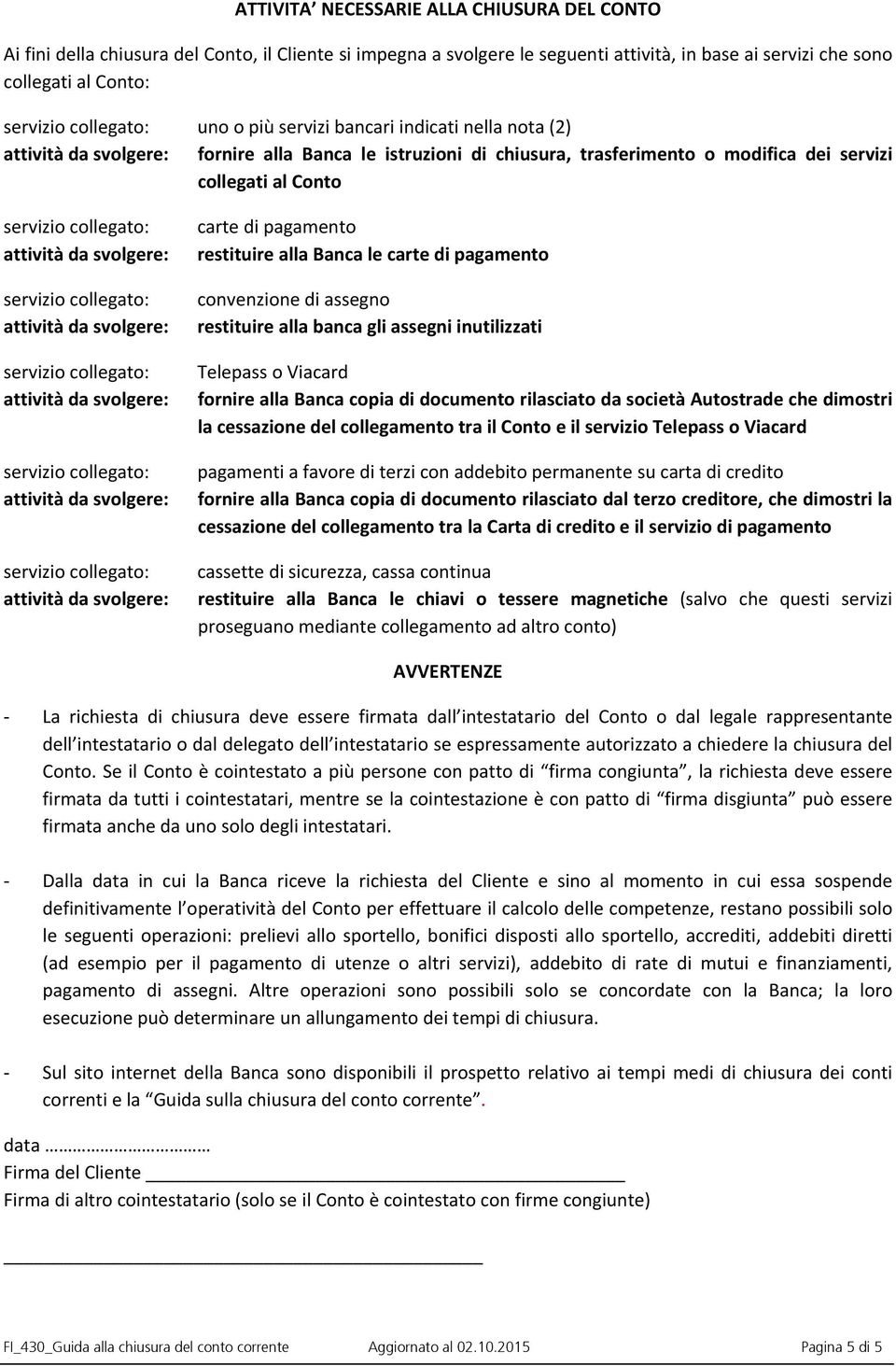 convenzione di assegno restituire alla banca gli assegni inutilizzati Telepass o Viacard fornire alla Banca copia di documento rilasciato da società Autostrade che dimostri la cessazione del