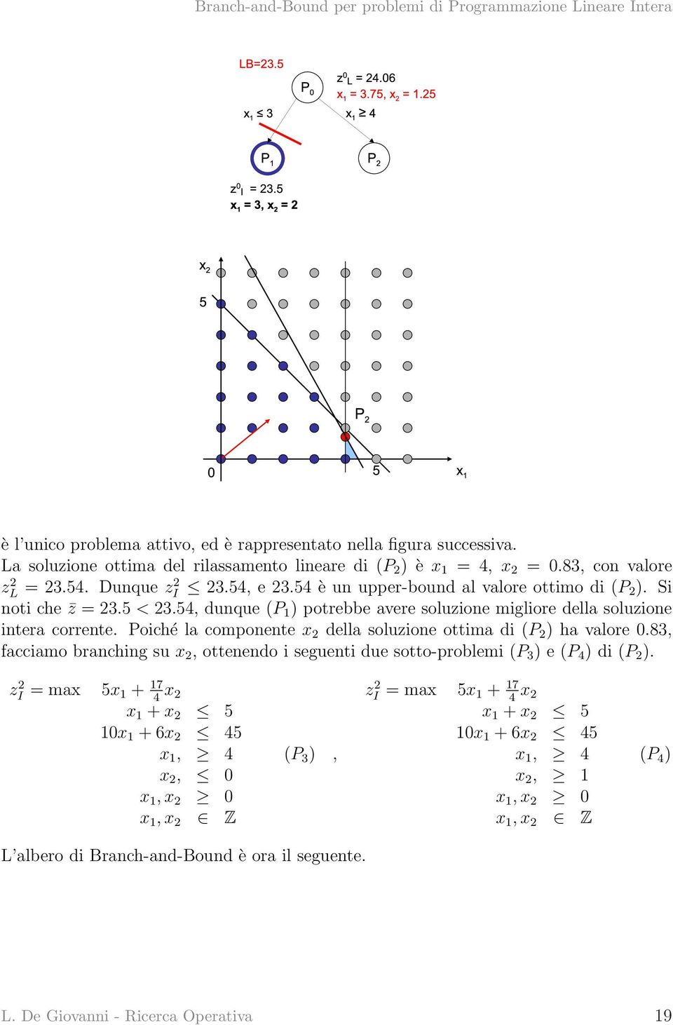 Poiché la componente x 2 della soluzione ottima di (P 2 ) ha valore 0.83, facciamo branching su x 2, ottenendo i seguenti due sotto-problemi (P 3 ) e (P 4 ) di (P 2 ).