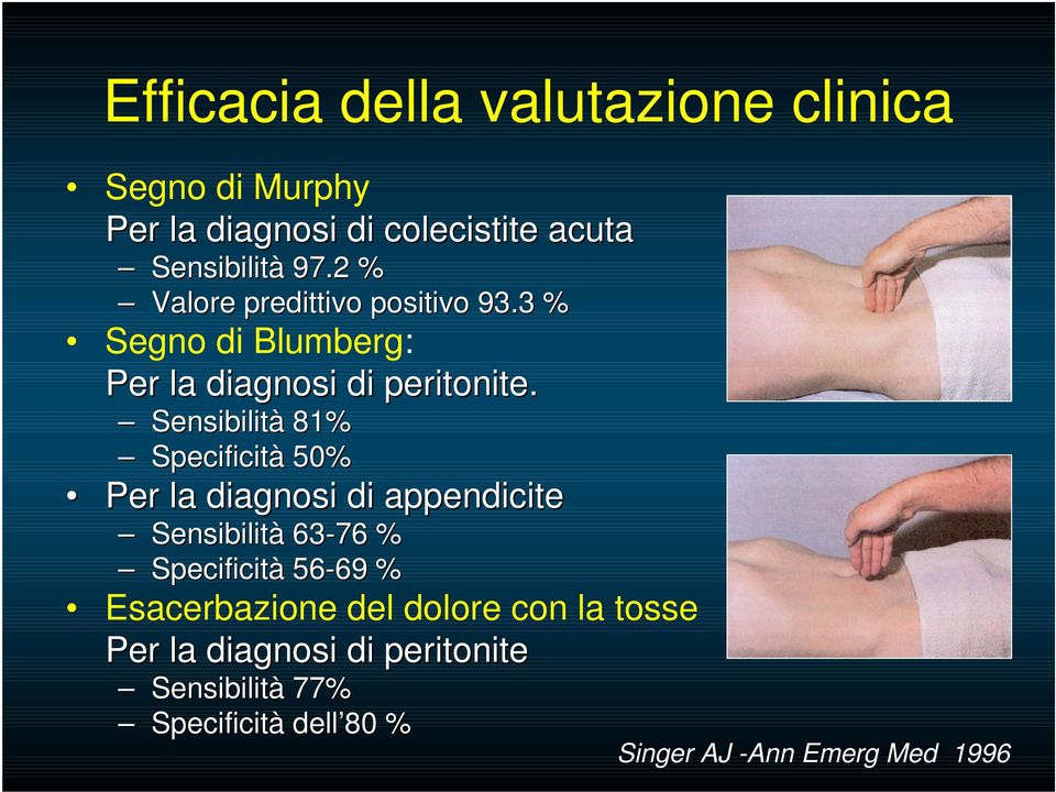 Sensibilità 81% Specificità 50% Per la diagnosi di appendicite Sensibilità 63-76 % Specificità 56-69 69 %