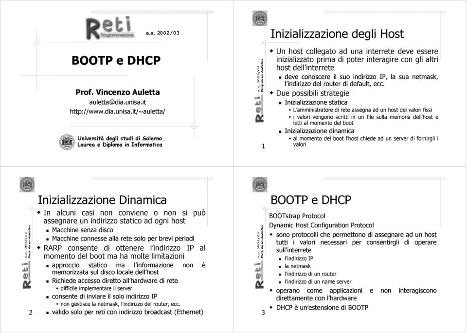 it/~auletta/ Università degli studi di Salerno Laurea e Diploma in Informatica 1 Inizializzazione degli Host Un host collegato ad una interrete deve essere inizializzato prima di poter interagire con