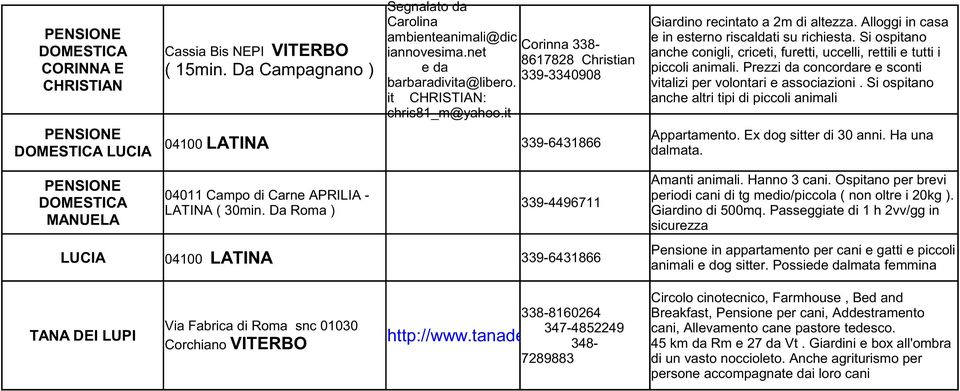 Si ospitano anche conigli, criceti, furetti, uccelli, rettili e tutti i piccoli animali. Prezzi da concordare e sconti vitalizi per volontari e associazioni.