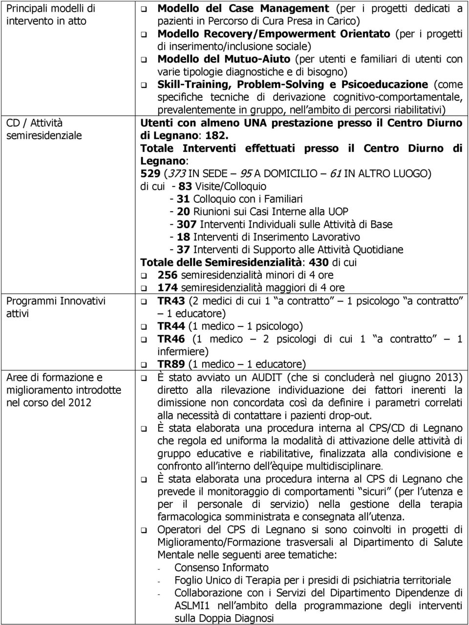 familiari di utenti con varie tipologie diagnostiche e di bisogno) Skill-Training, Problem-Solving e Psicoeducazione (come specifiche tecniche di derivazione cognitivo-comportamentale,